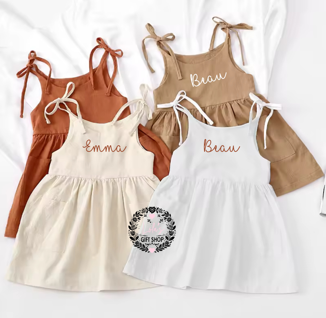 Personalised Neutral coloured strappy dresses