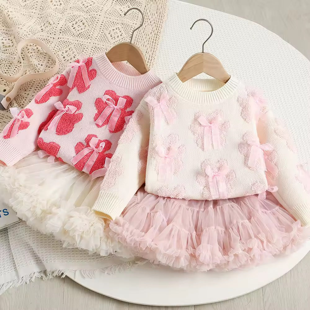 🎀 Teddy Bear & Bow Knit Sweater + Tulle Skirt Set – Girls 9 Months to 5 Years