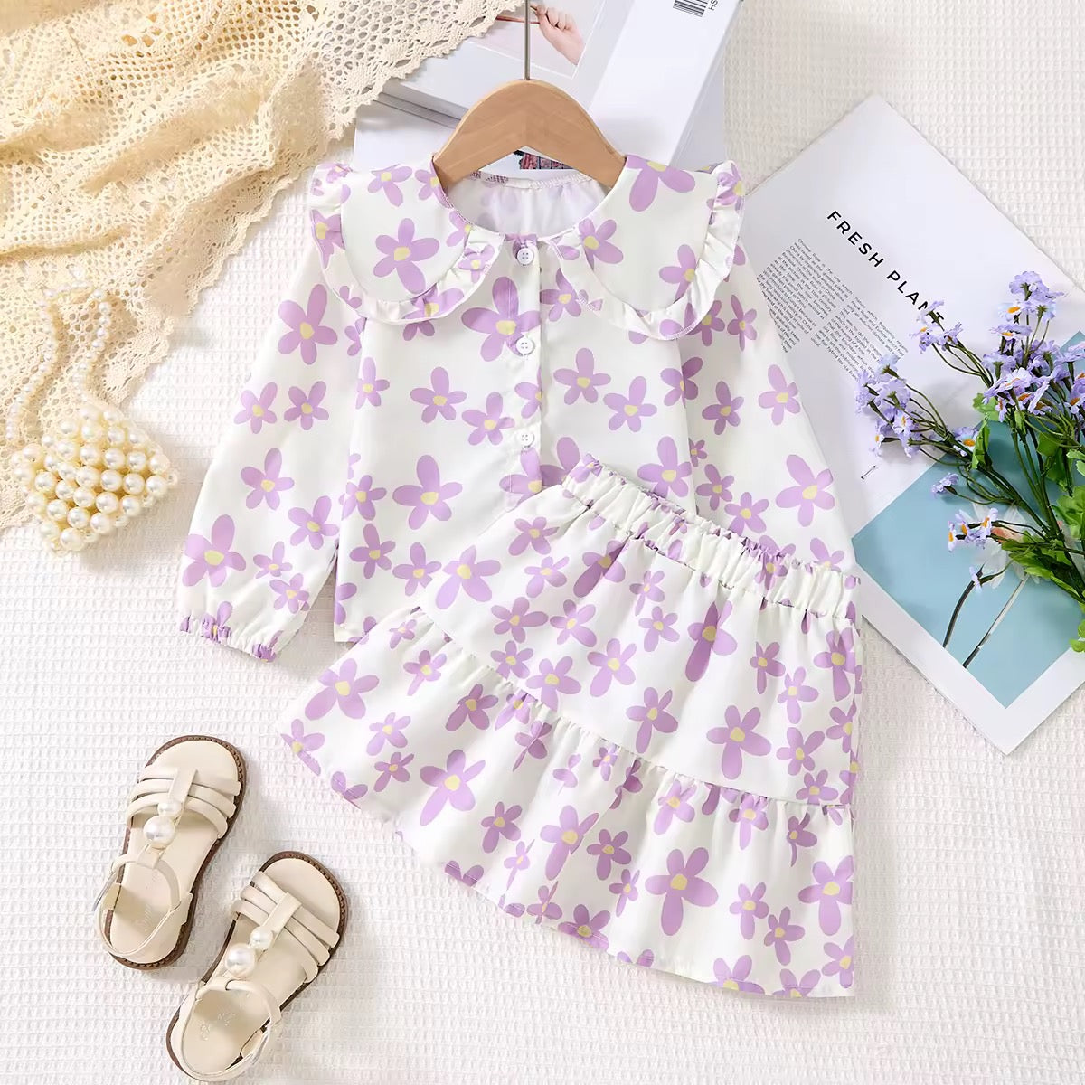 Lavender floral skirt and blouse set