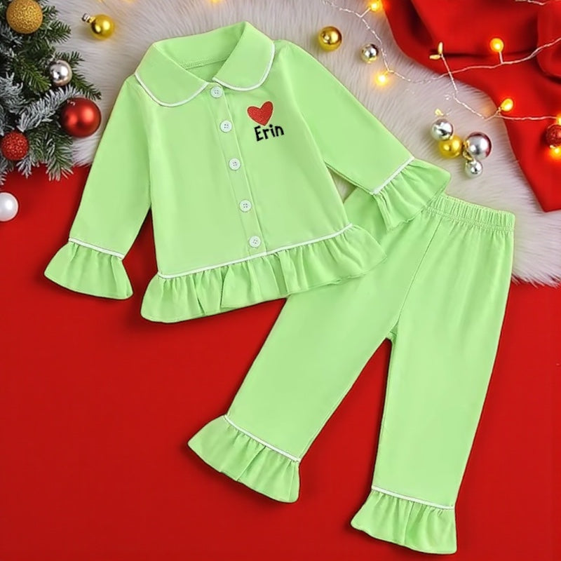 Green frill personalised heart of Christmas pyjamas