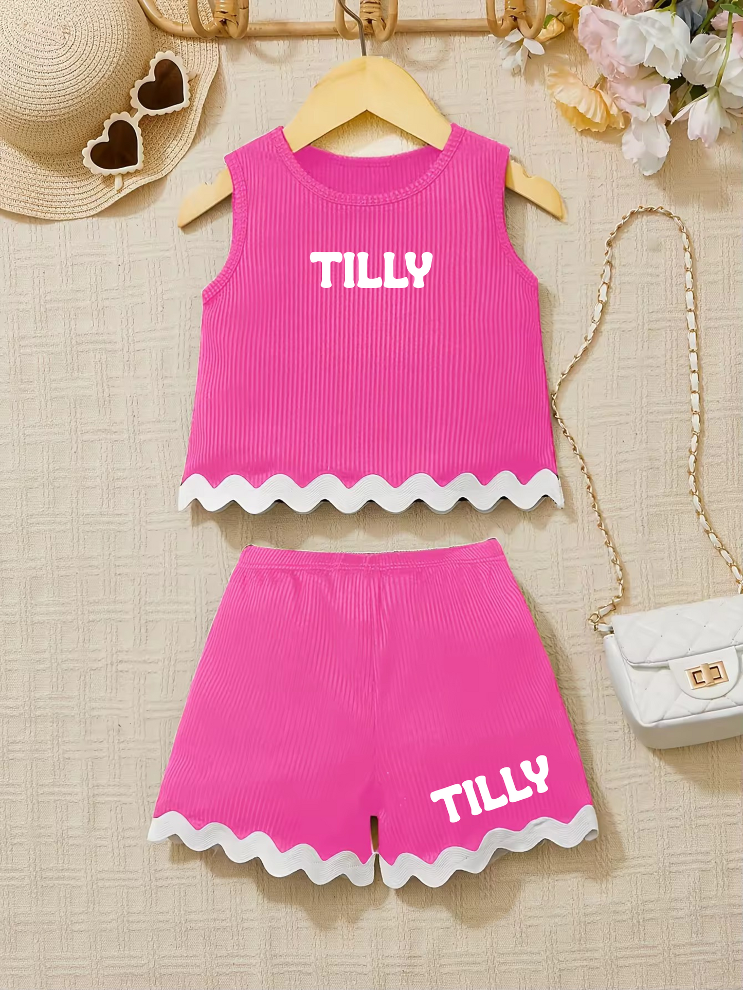 Personalised ribbed shorts set with lace hems
