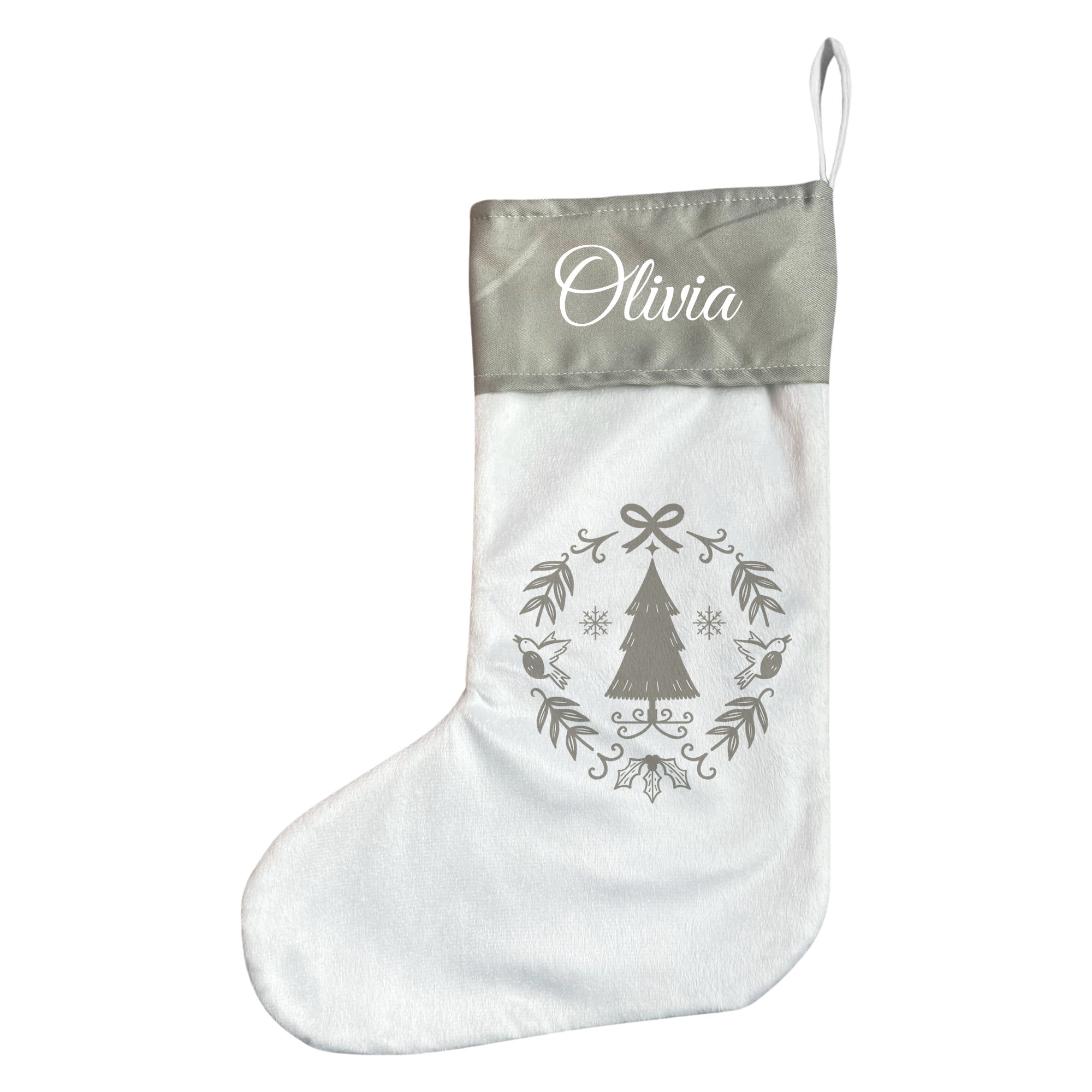 Personalised Christmas Stocking - Grey Scandi Wreath
