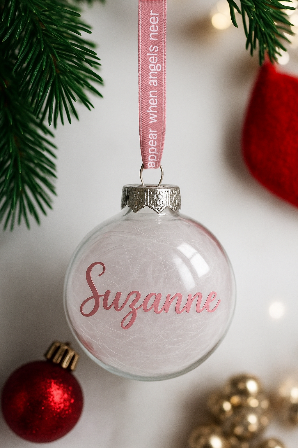 Glass feather bauble and printed ribbon