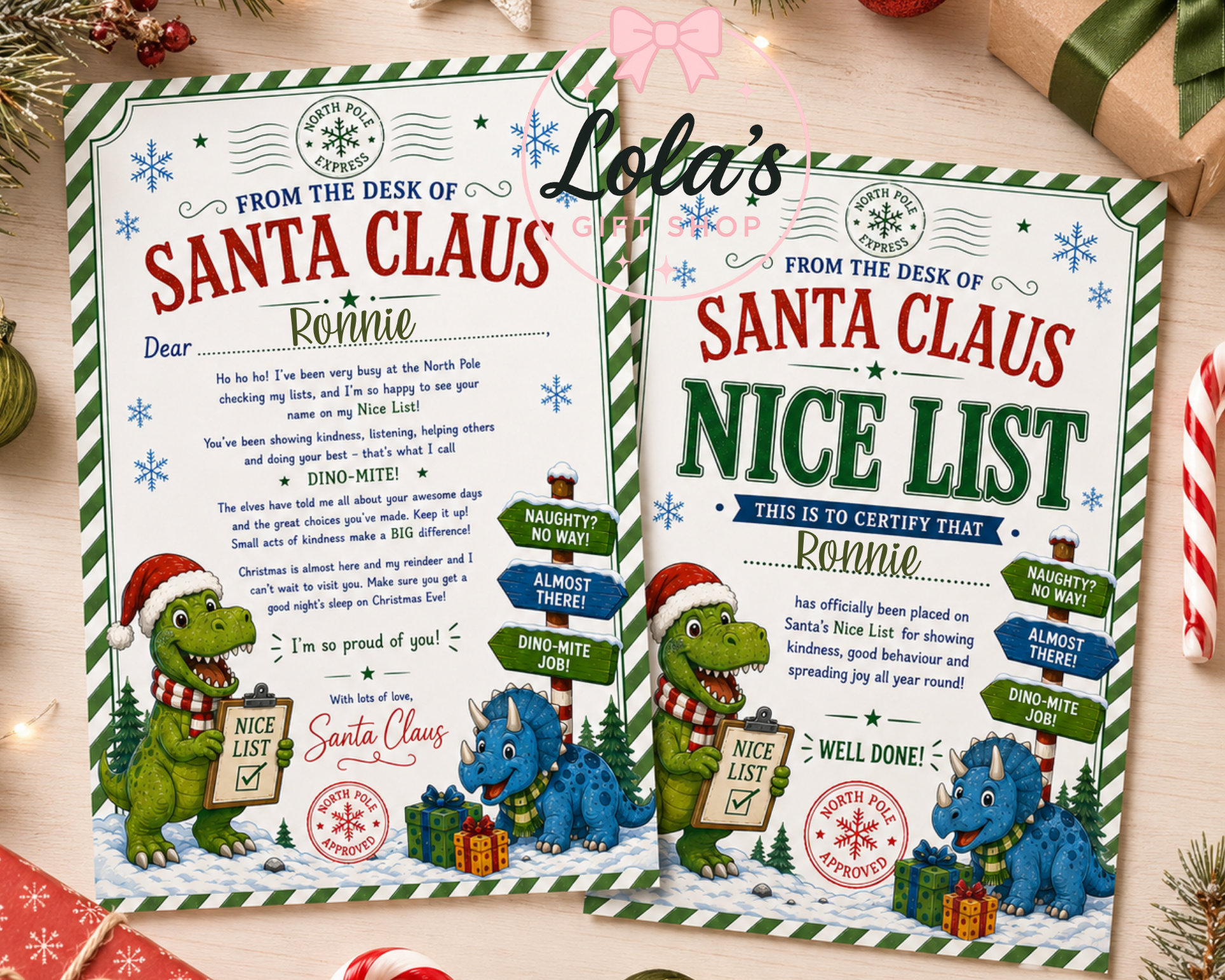 Dinosaur Christmas Letters to Santa and nice list