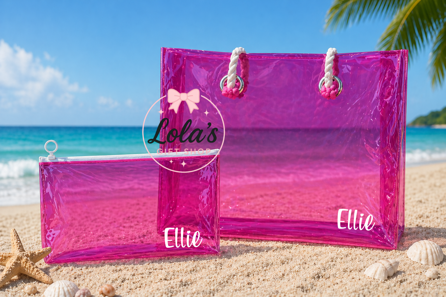 PVC pink beach bag with rope handles and free matching pouch