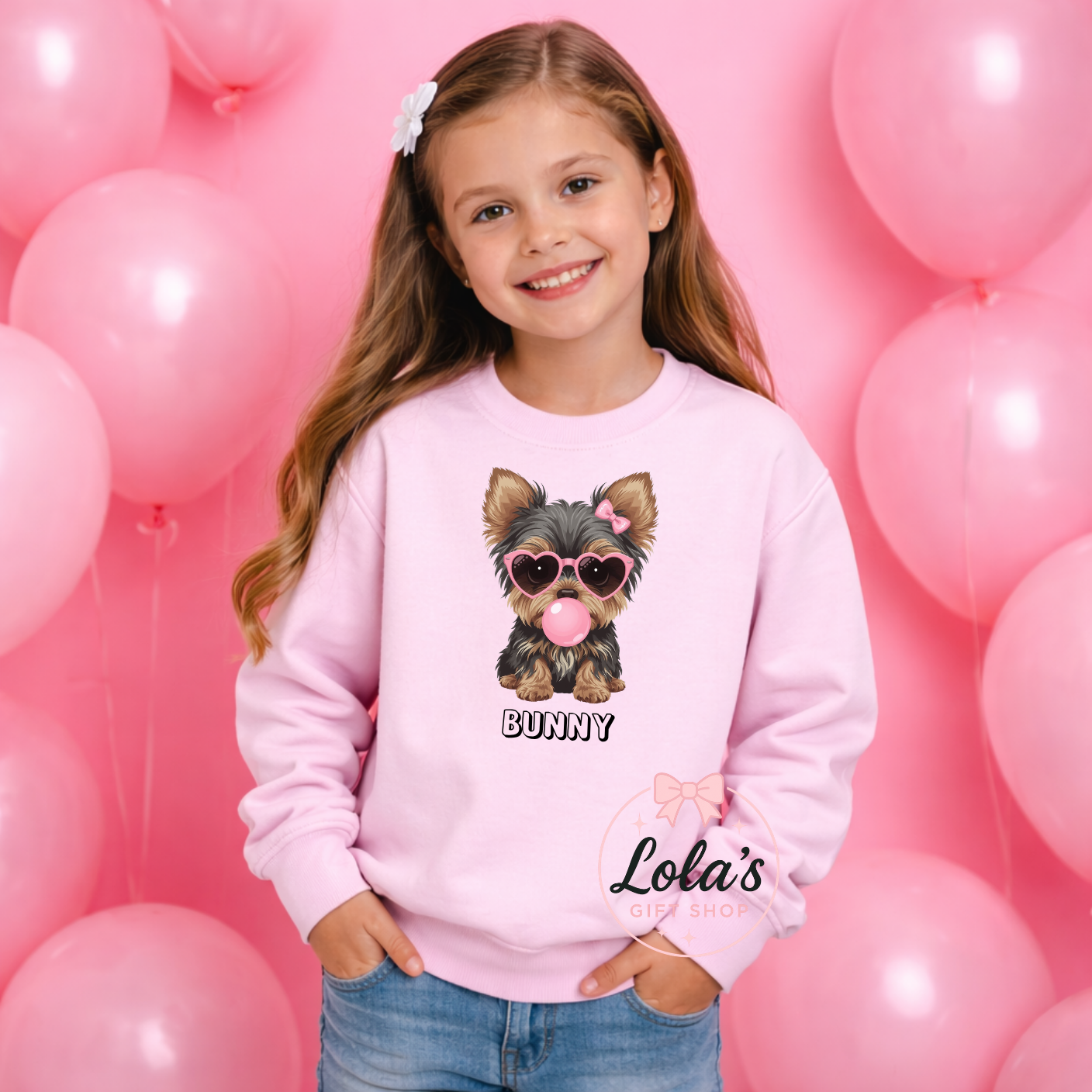 Personalised Bubble gum Yorkshire terrier pup sweatshirt