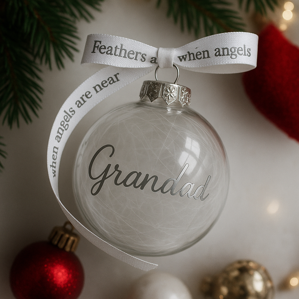 Glass feather bauble and printed ribbon