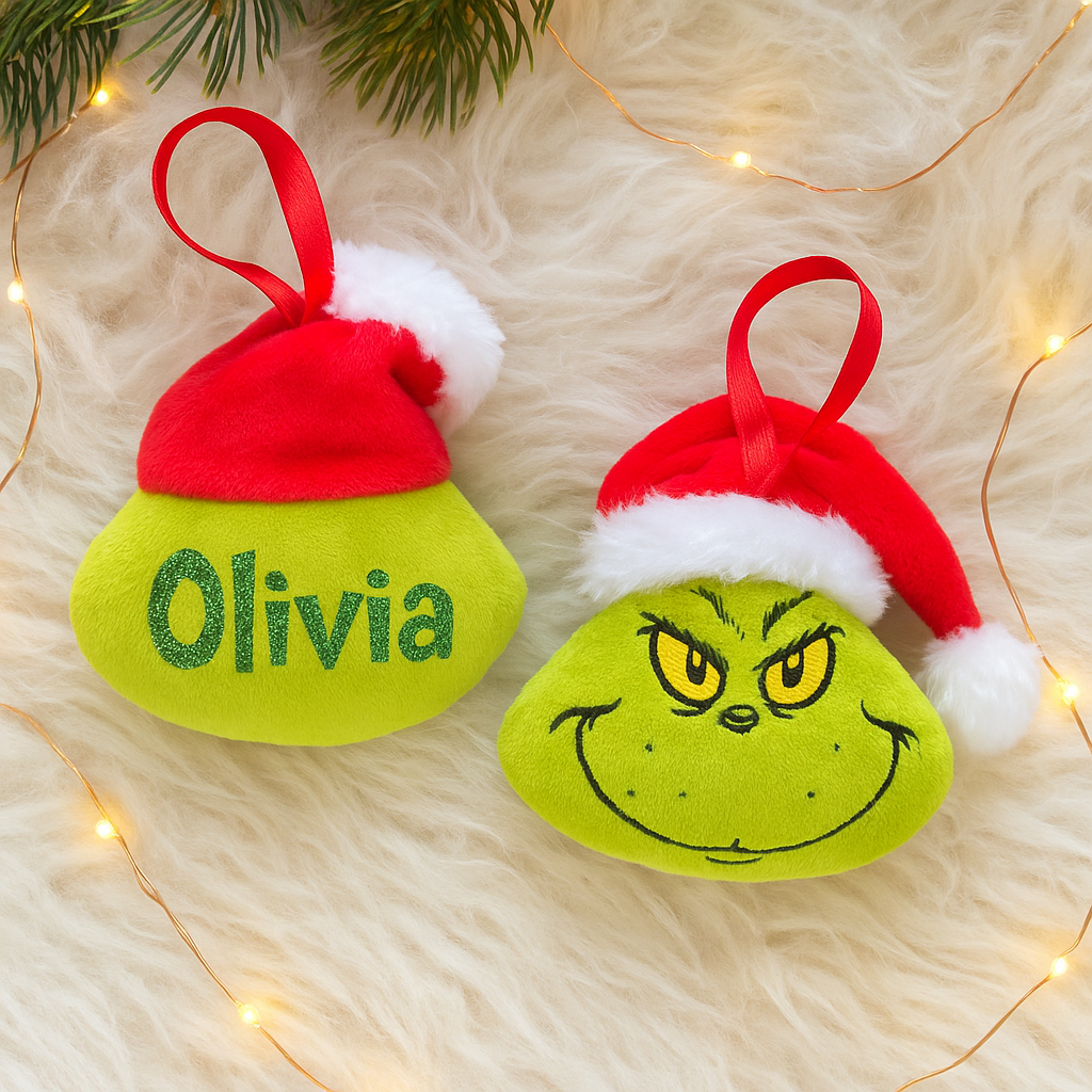 Personalised Grinch Head Fabric Tree Hanger 10cm