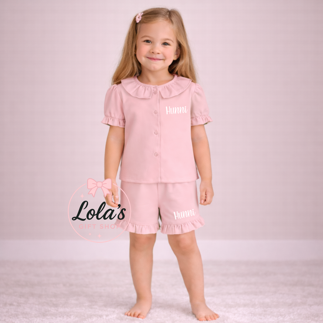 Linen personalised frill shorts and Tshirt set