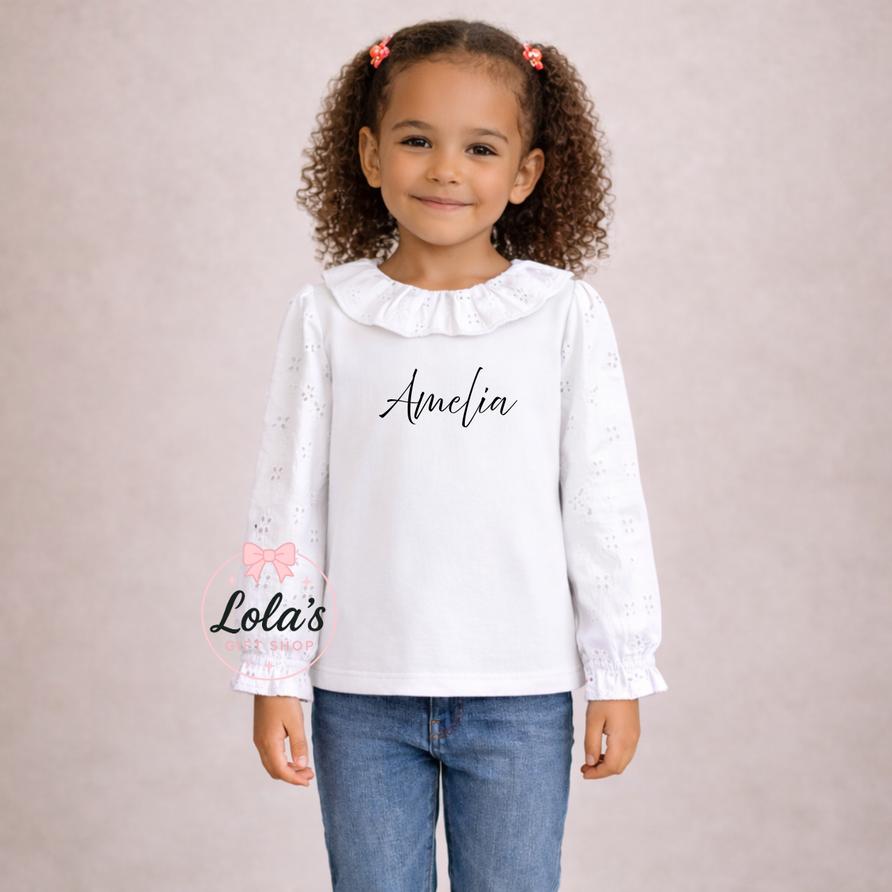 Personalised linen long sleeve frill top