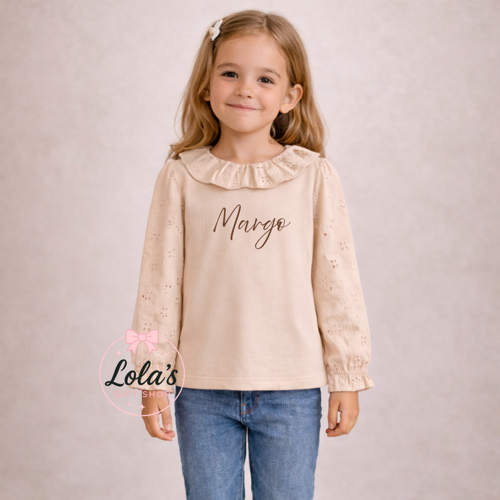 Personalised linen long sleeve frill top