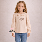 Personalised linen long sleeve frill top