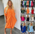 LADIES SUMMER SMOCK ASHLEE KNOT DRESS WOMANS V-NECK SOLID A LINE LOOSE DRESSES