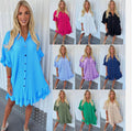 Women Gold Button Pleated Frill Summer Shirt Swing Smock Mini Dress