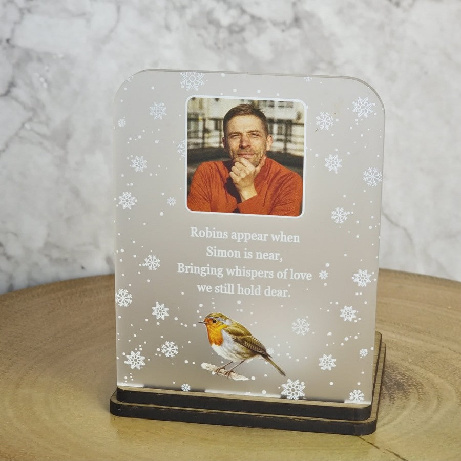 Personalised Name & Photo Robins Appear When Name Is Near Tea Light Holder Oak & Frosted Acrylic UV Printed