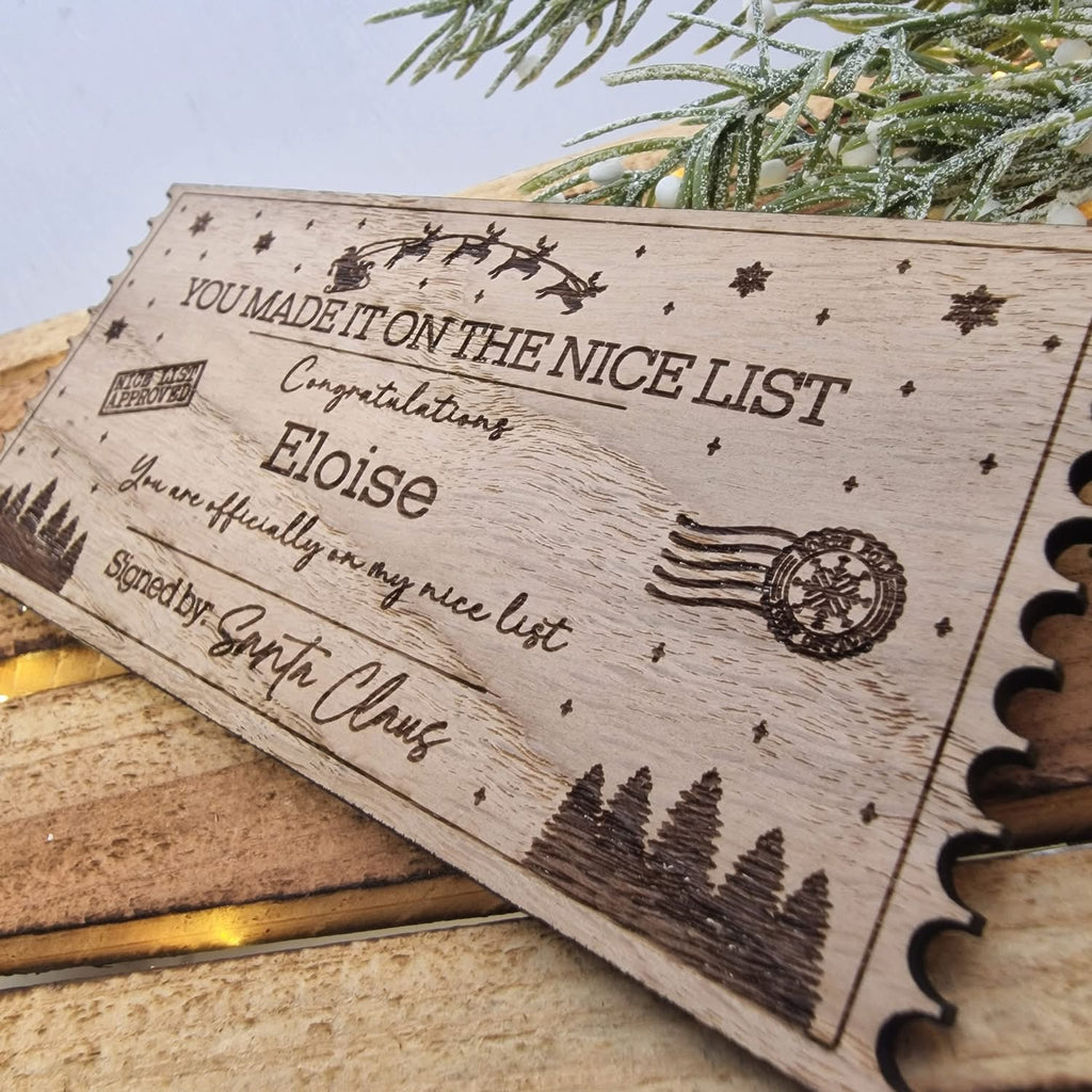 Engraved oak nice list ticket