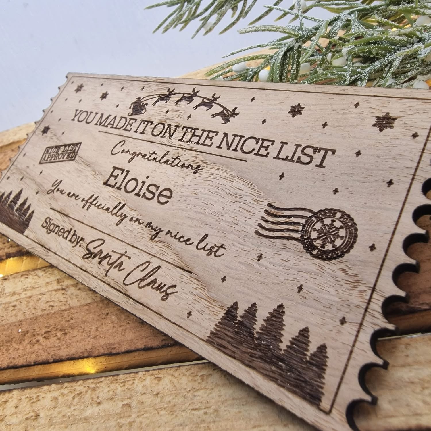 Engraved oak nice list ticket