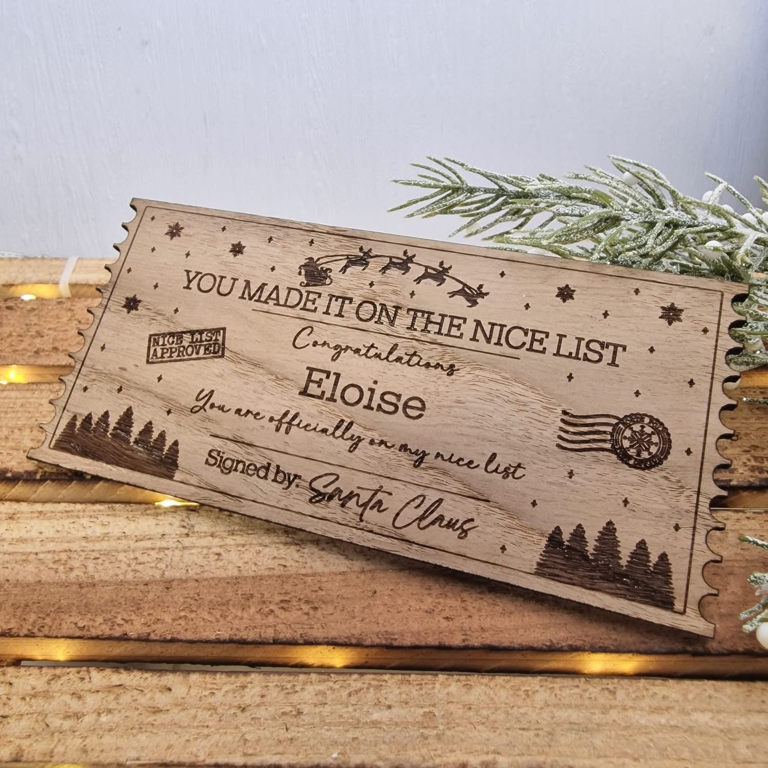 Engraved oak nice list ticket