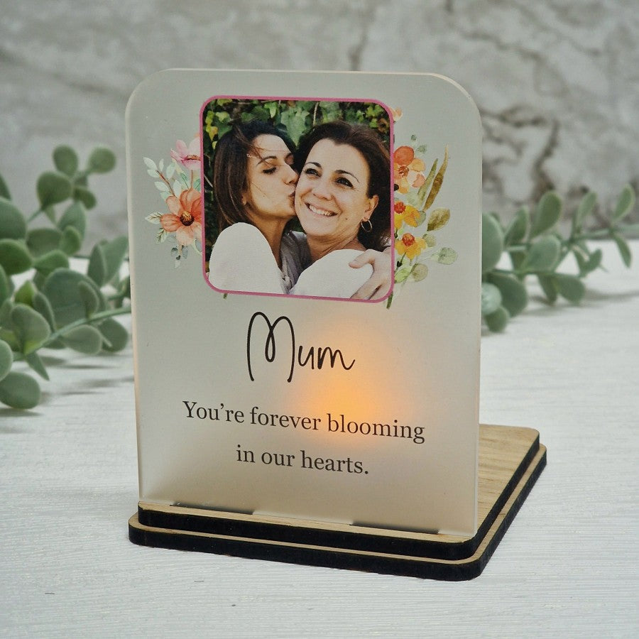 Personalised Name & Photo You're Forever Blooming In Our Hearts Tea Light Holder Oak & Frosted Acrylic UV Printed