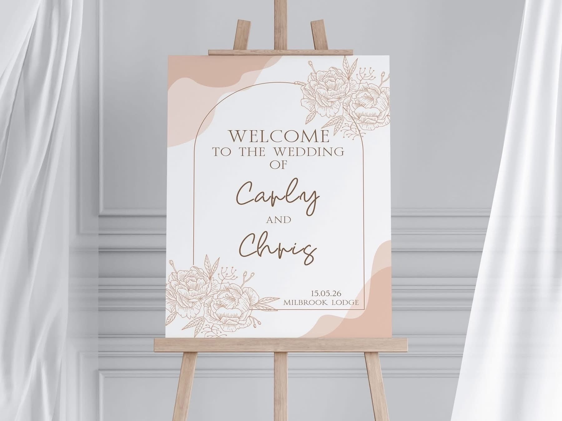 Personalised Terracotta Wedding Welcome Sign – Modern Arch Floral Design – Portrait