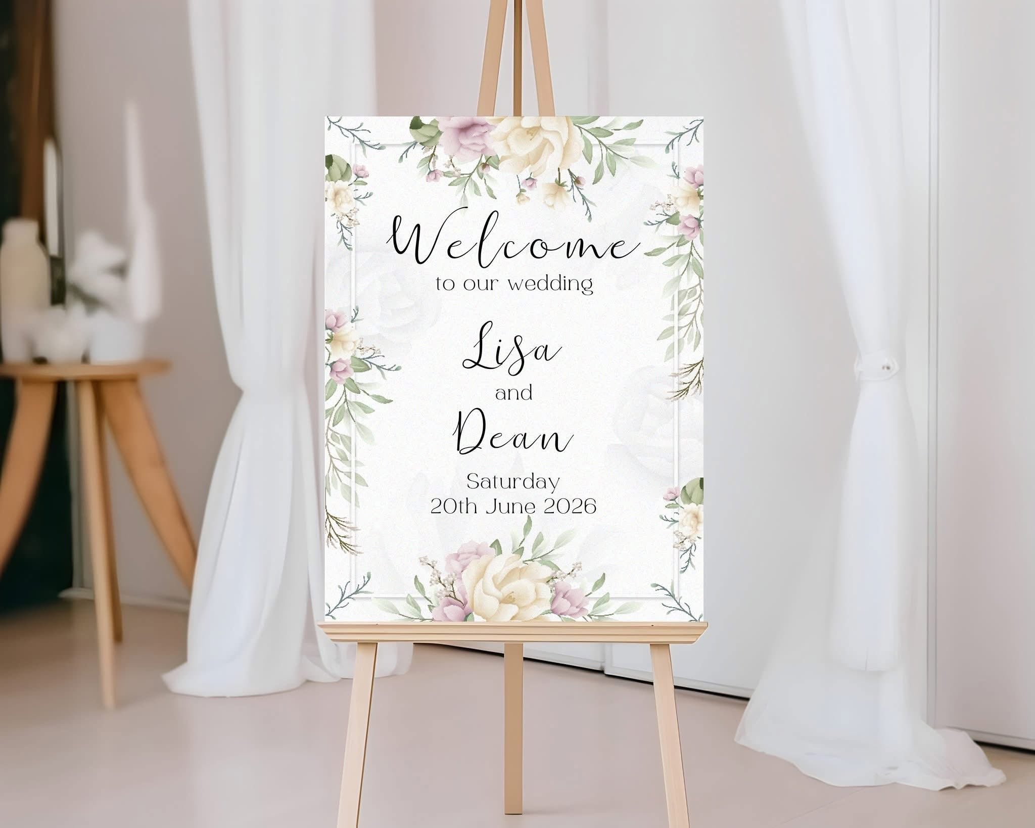 Personalised Blush Floral Wedding Welcome Sign – Elegant Garden Design – Portrait