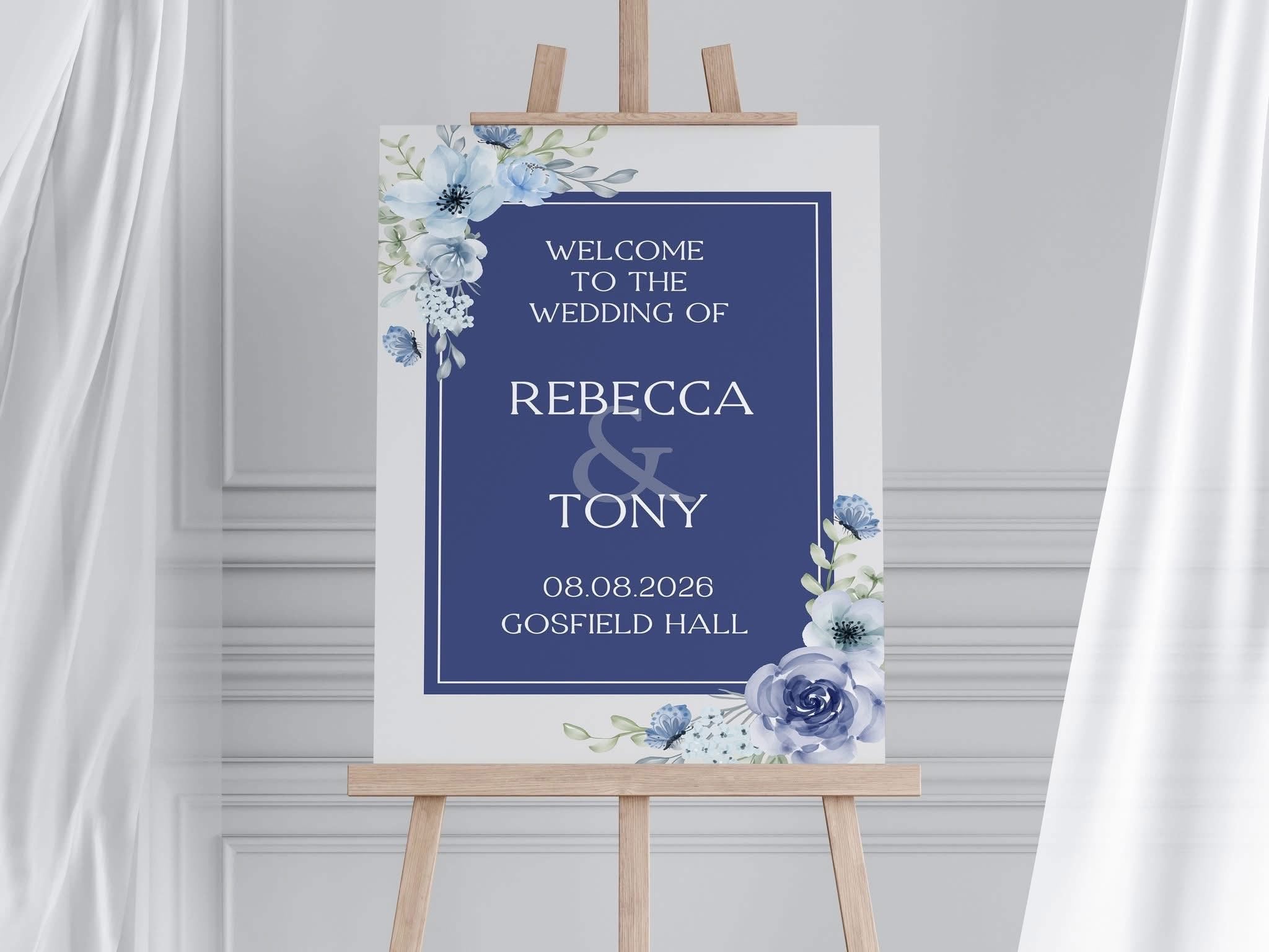 Personalised Navy Blue Wedding Welcome Sign – Elegant Floral Design – Portrait