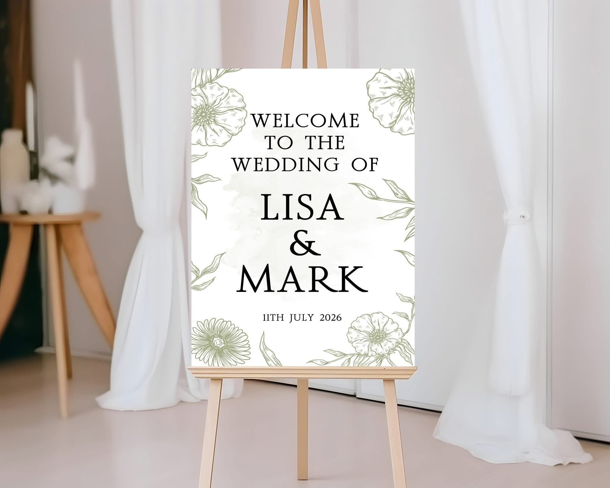 Personalised Botanical Wedding Welcome Sign – Sage Line Art Design – Portrait