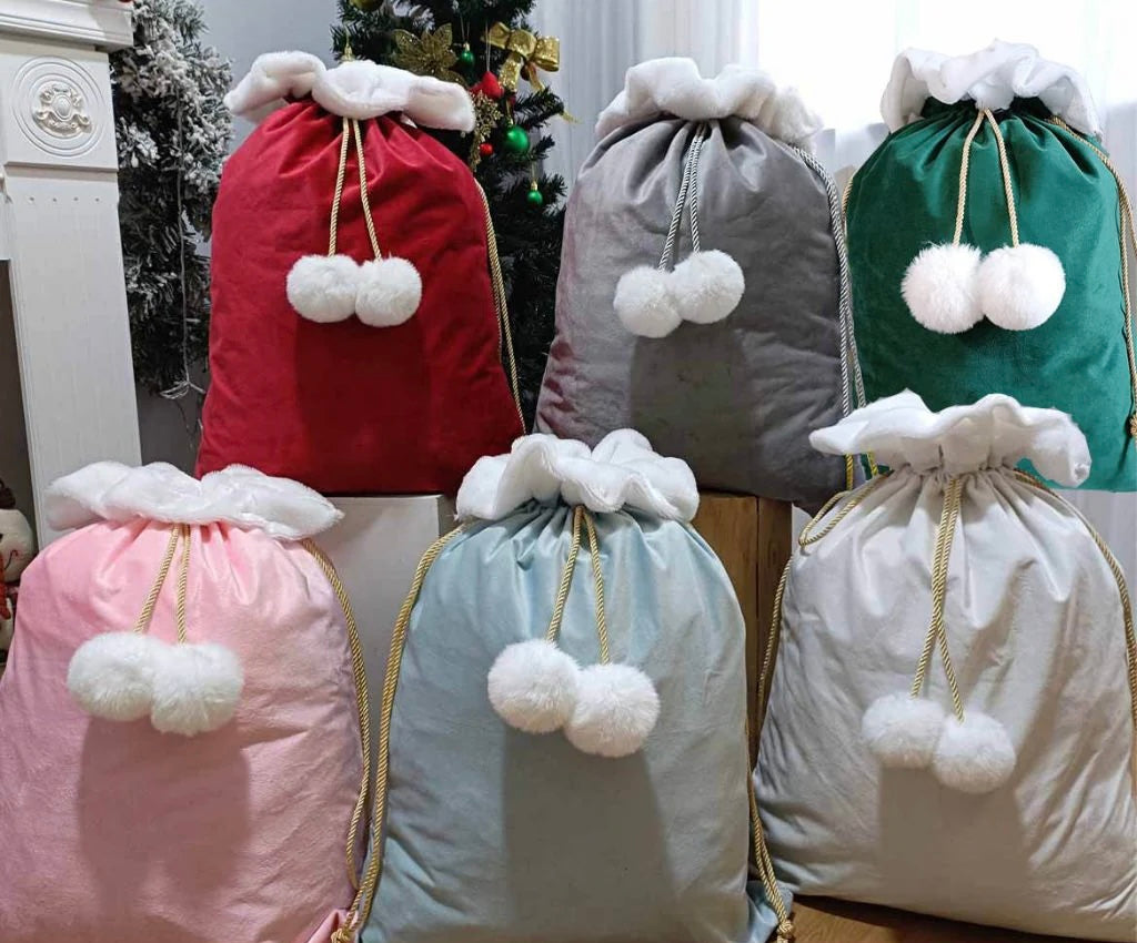 Pompom personalised velvet sacks