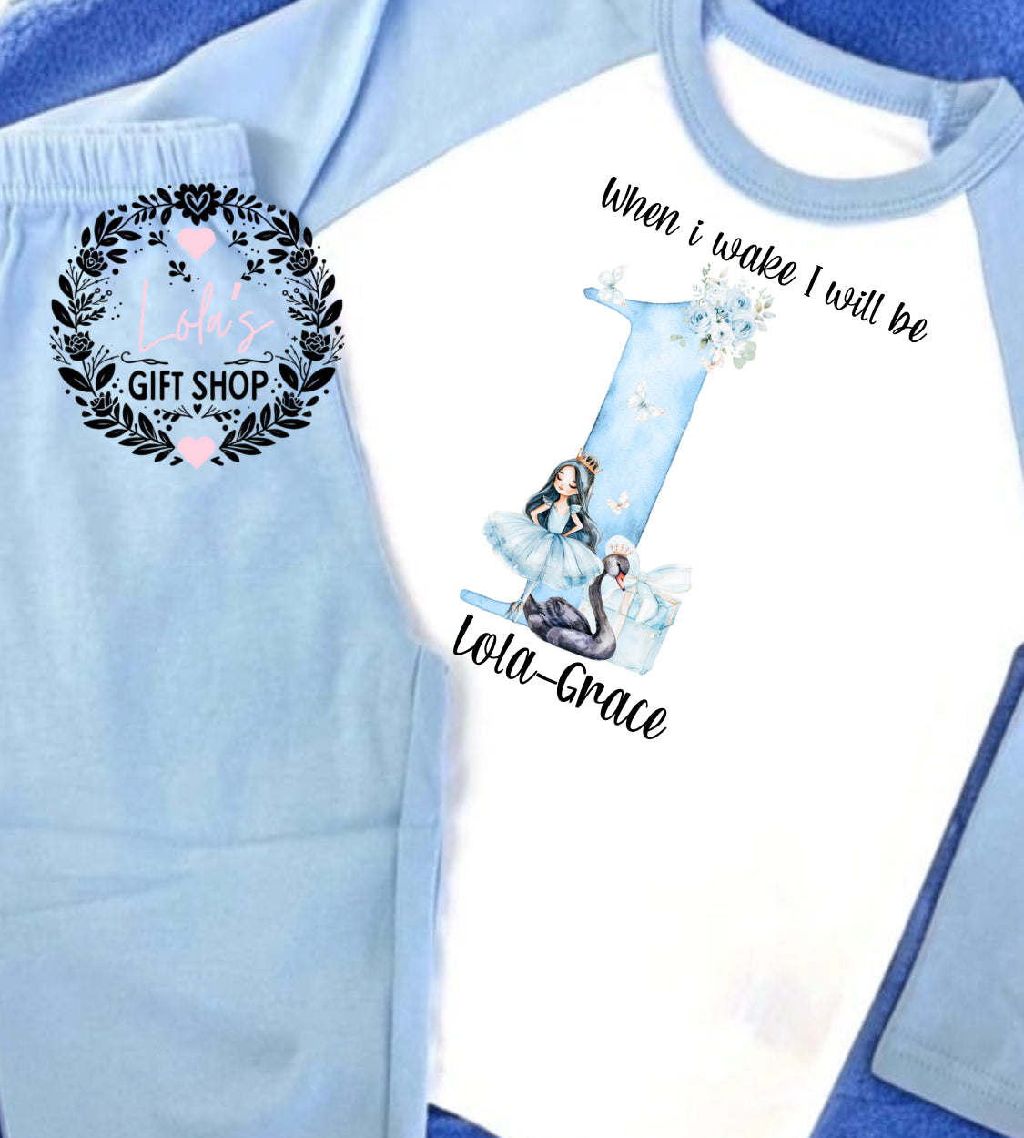 When I wake blue swan personalised pyjamas