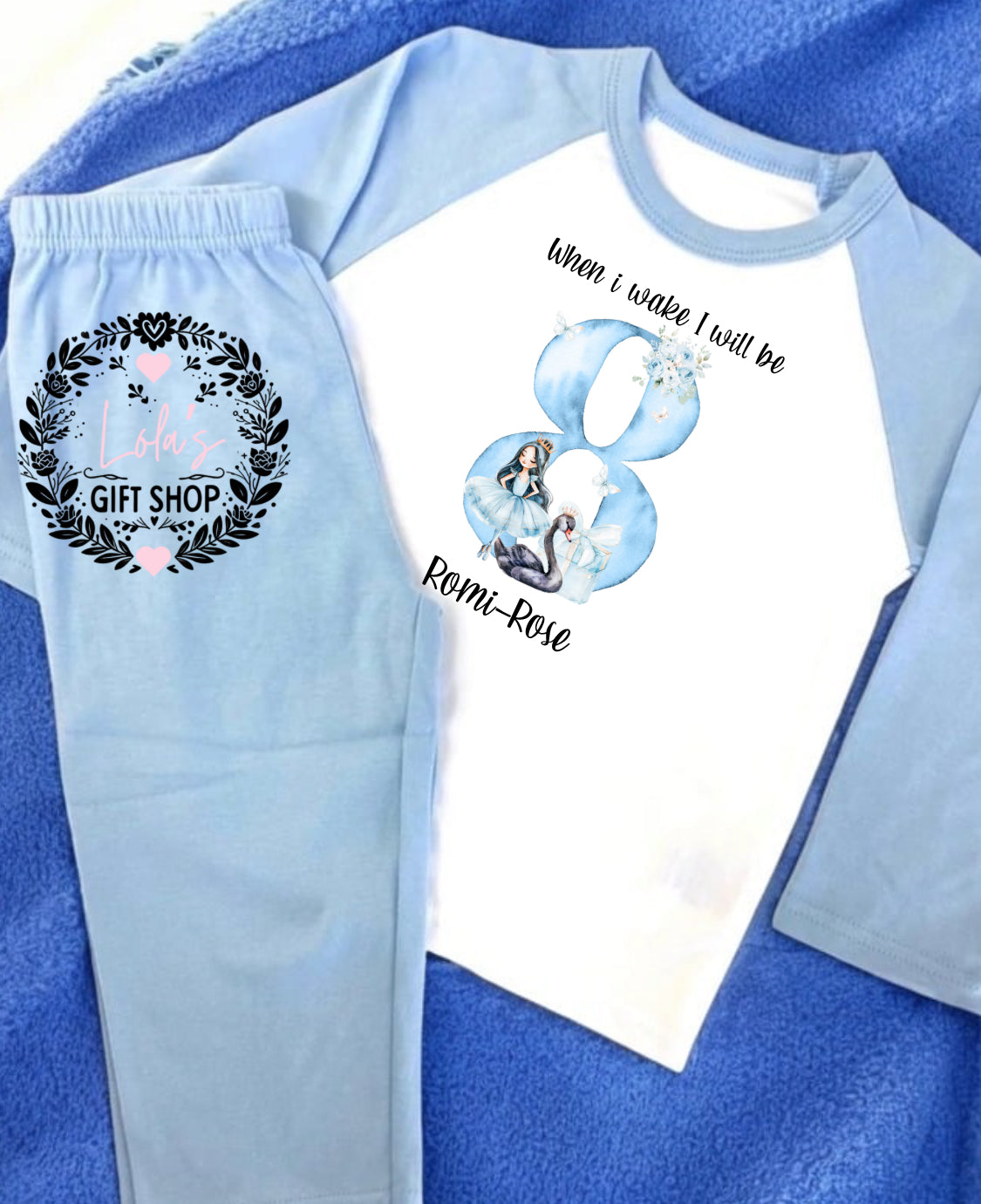 When I wake blue swan personalised pyjamas