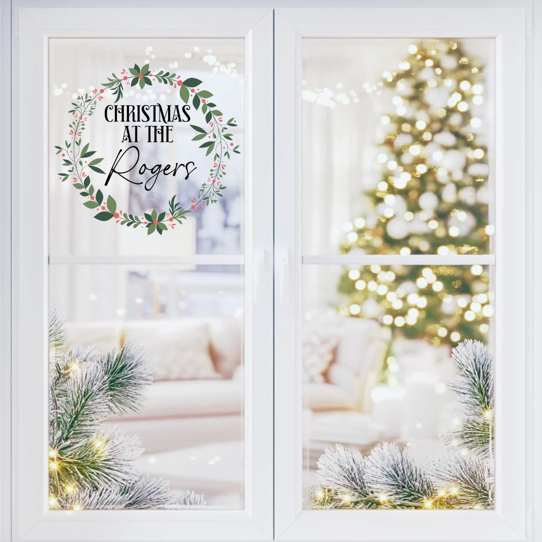 Personalised red berry wreath window cling