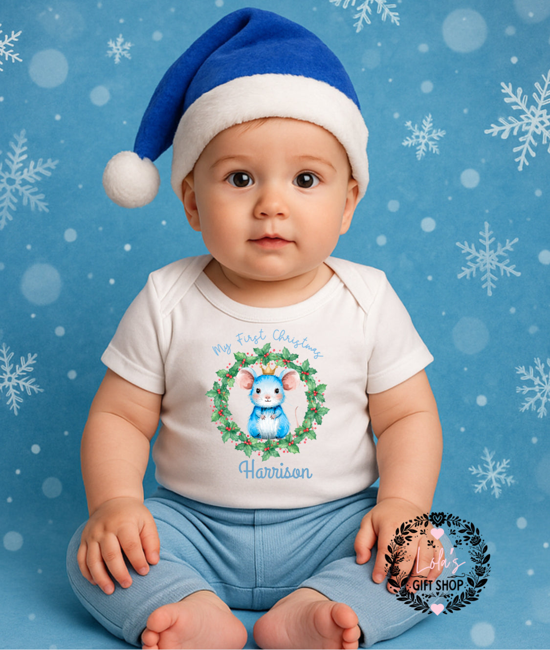 My first Christmas mouse baby vest blue