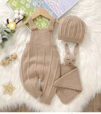 3-Piece Knitted Baby Set – Dungarees, Hat &amp; Teddy Comforter (Blue or Brown)