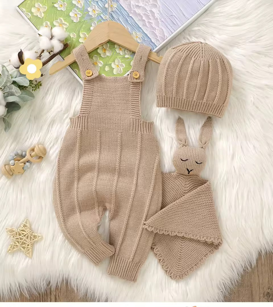 3-Piece Knitted Baby Set – Dungarees, Hat &amp; Teddy Comforter (Blue or Brown)