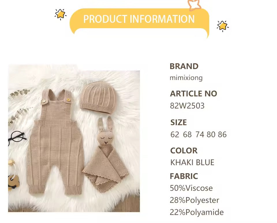 3-Piece Knitted Baby Set – Dungarees, Hat &amp; Teddy Comforter (Blue or Brown)