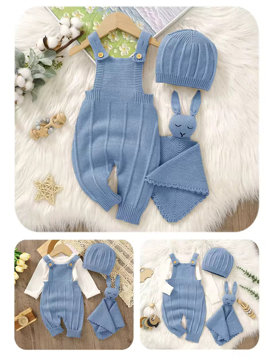 3-Piece Knitted Baby Set – Dungarees, Hat &amp; Teddy Comforter (Blue or Brown)