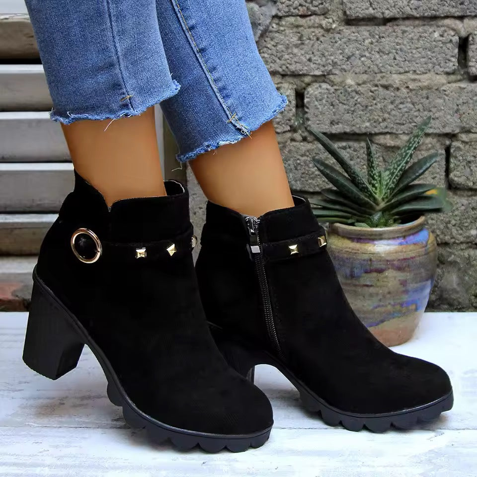 High Heeled Ankle Boots Retro Suede