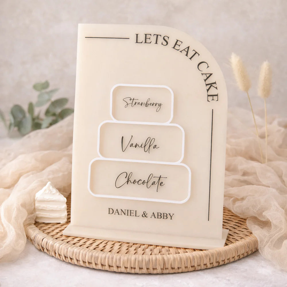 PERSONALISED WEDDING CAKE FLAVOUR SIGN – A5 FREESTANDING HALF ARCH ACRYLIC SIGN