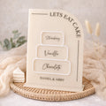 PERSONALISED WEDDING CAKE FLAVOUR SIGN – A5 FREESTANDING HALF ARCH ACRYLIC SIGN