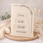 PERSONALISED WEDDING CAKE FLAVOUR SIGN – A5 FREESTANDING HALF ARCH ACRYLIC SIGN