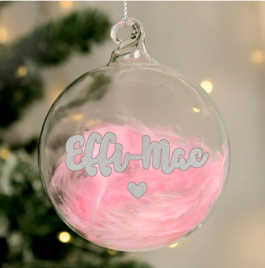 Personalised Pink Feather Silver Heart Glass Bauble