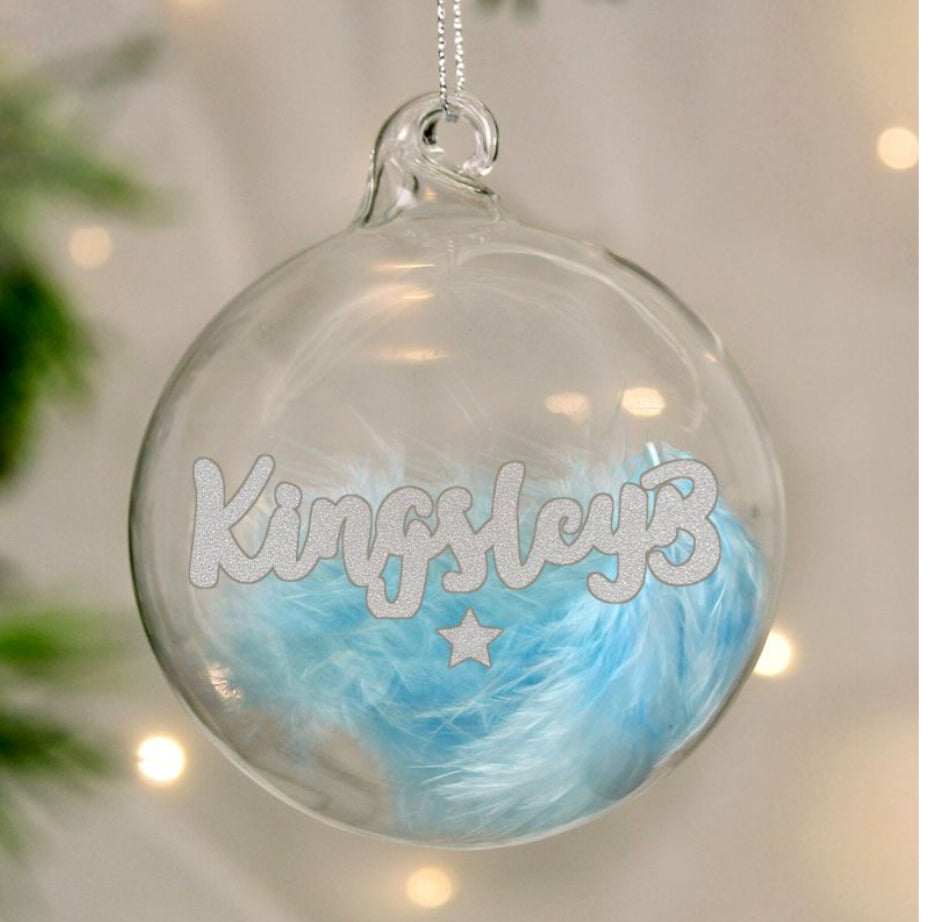 Personalised Blue Feather Silver Star Glass Bauble
