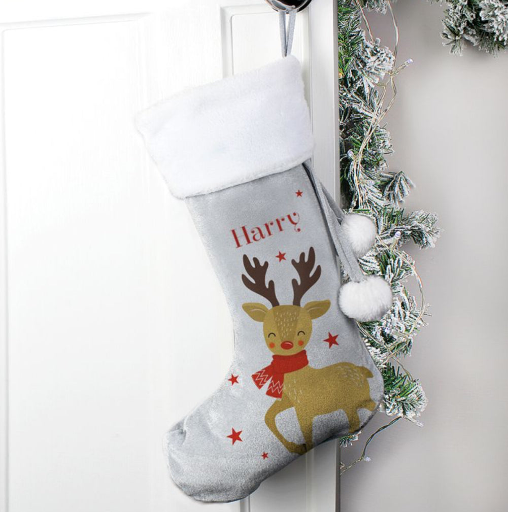 Personalised Reindeer Silver Grey Stocking