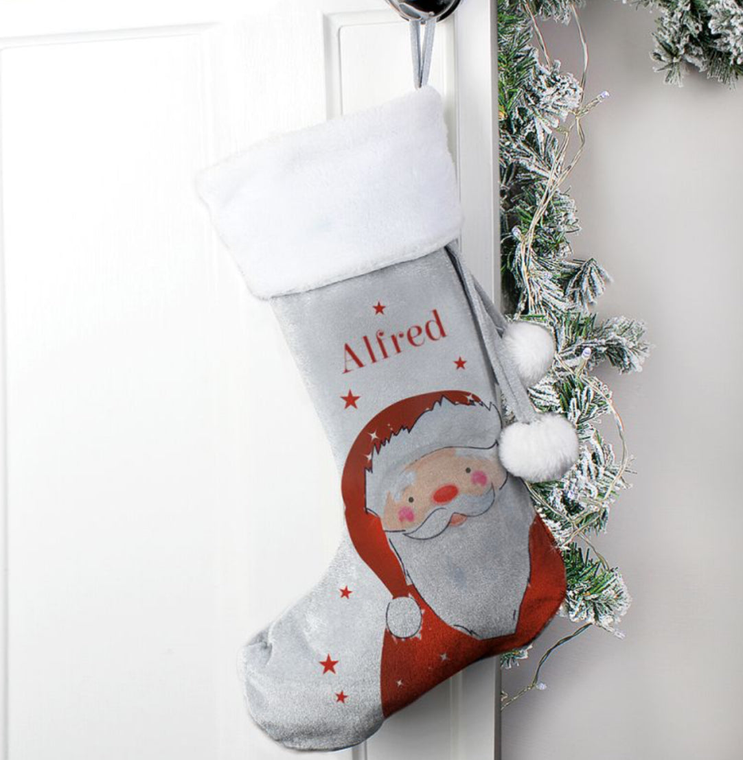Personalised Santa Silver Grey Stocking