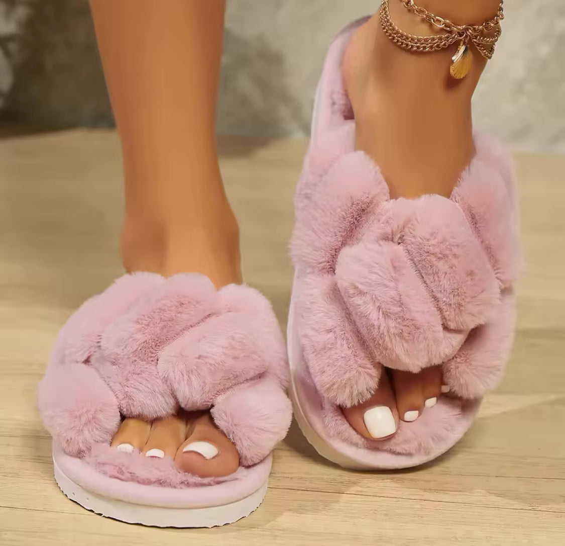 Fluffy cross over slippers