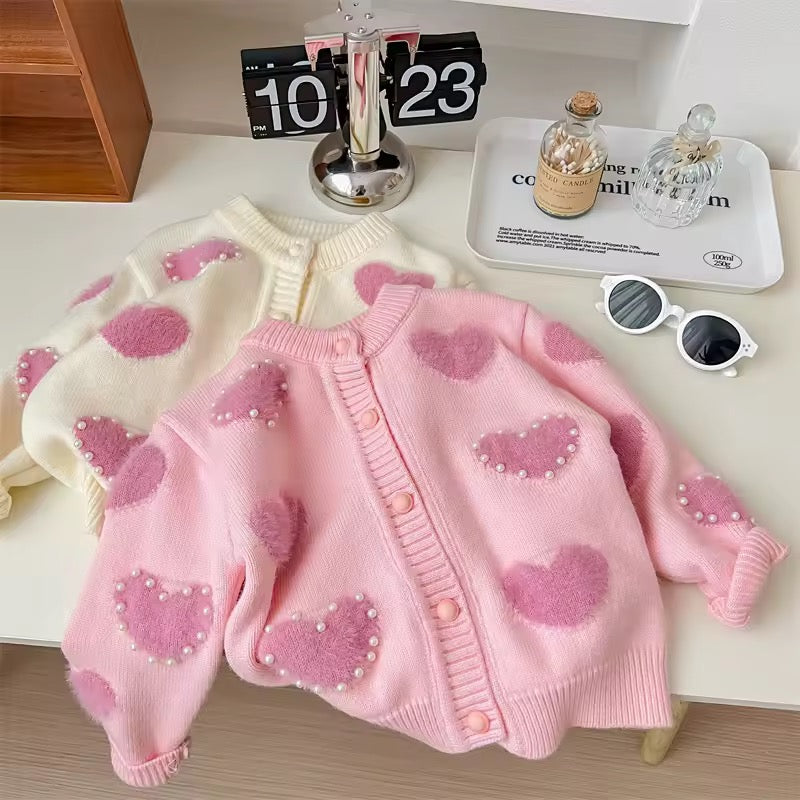 Fluffy Heart Pearl Cardigan for Girls – Toddler Knit Sweater in Pink or Cream | Ages 12 Months to 10 Years