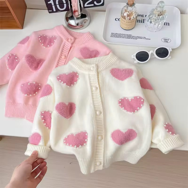 Fluffy Heart Pearl Cardigan for Girls – Toddler Knit Sweater in Pink or Cream | Ages 12 Months to 10 Years