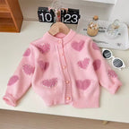 Fluffy Heart Pearl Cardigan for Girls – Toddler Knit Sweater in Pink or Cream | Ages 12 Months to 10 Years