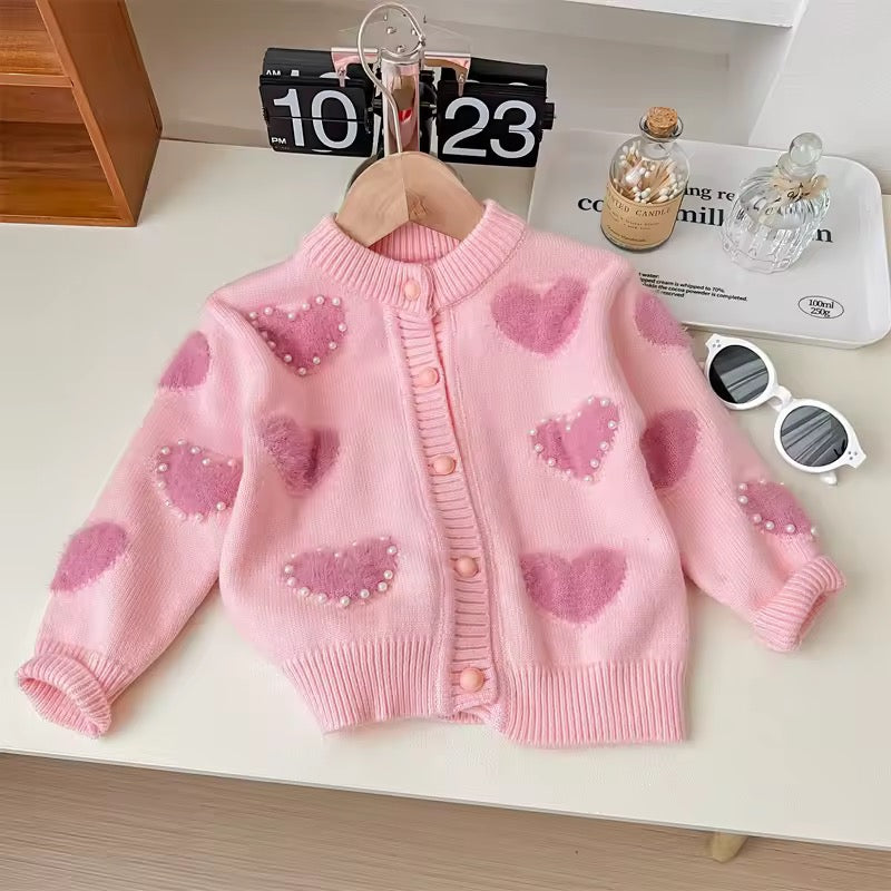 Fluffy Heart Pearl Cardigan for Girls – Toddler Knit Sweater in Pink or Cream | Ages 12 Months to 10 Years