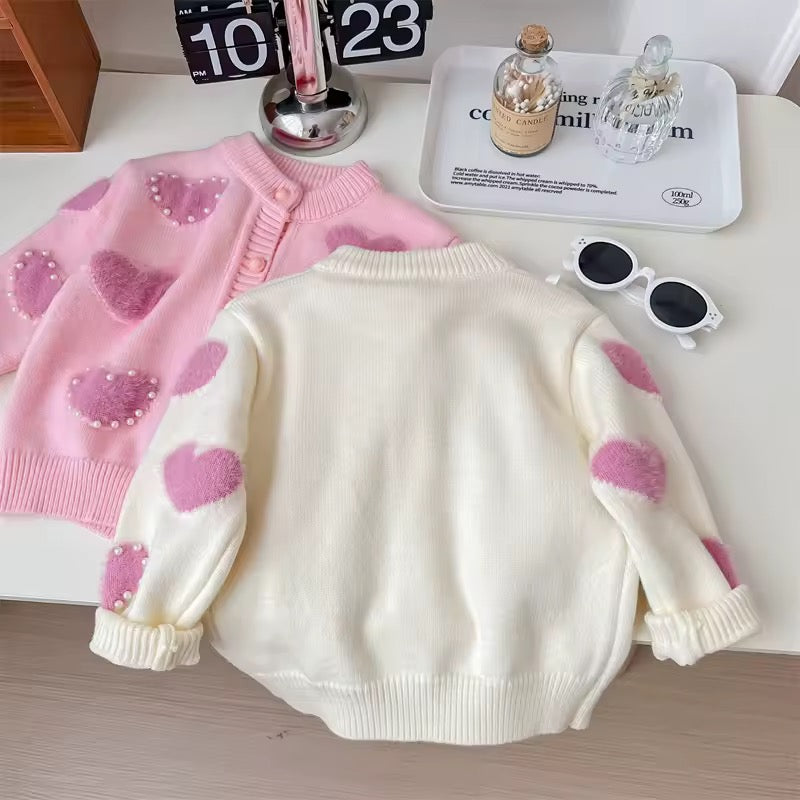 Fluffy Heart Pearl Cardigan for Girls – Toddler Knit Sweater in Pink or Cream | Ages 12 Months to 10 Years